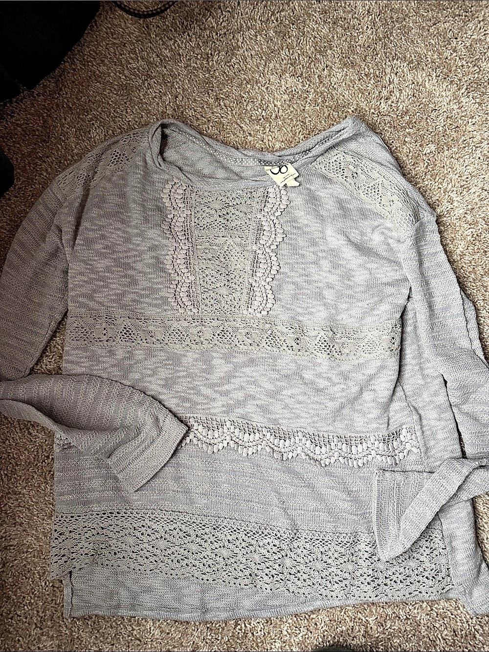 Anthropologie: Odyssey Lace-Knit Crew Neck Sweater in Gray Size XL